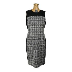 Tahari Black Midi Pencil Dress Tweed Leather